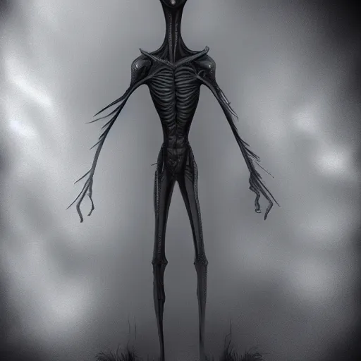 Image similar to alien grey, tall, very thin, terrifying, grimdark, photorealistic