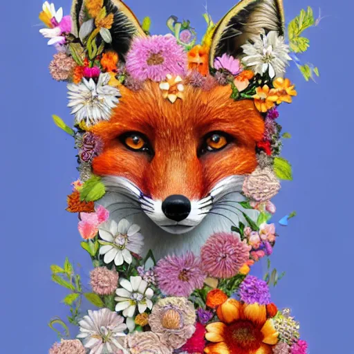 Prompt: made of flowers, made of flowers, made of flowers, fox made of flowers, made of flowers, made of flowers, fantasy art, trending on artstation, beautiful art, intricate, elegant, highly detailed, digital painting