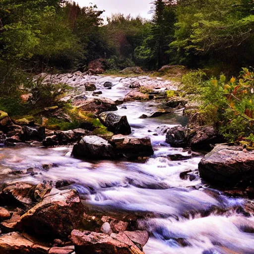 Image similar to a beautiful landscape, river, rocks, trees, iridescent lights