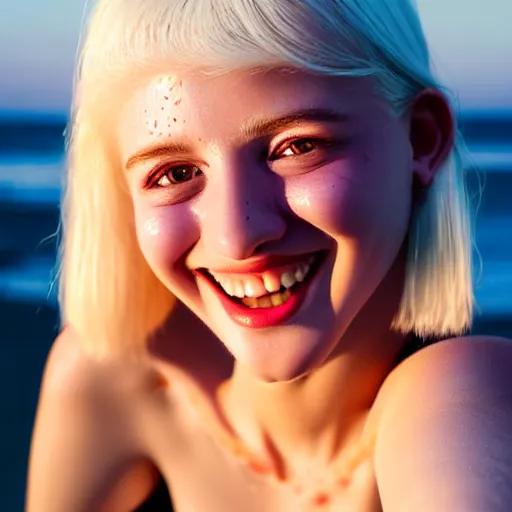 Image similar to beautiful hyperrealism hyperdetailed photograph of a cute thin young woman in love with you, smiling adoringly at the camera, platinum blonde hair, flushed face, blushing, big puffy lips, heart - shaped face, light freckles on cheeks and nose, 8 k, sharp focus, golden hour, beach setting