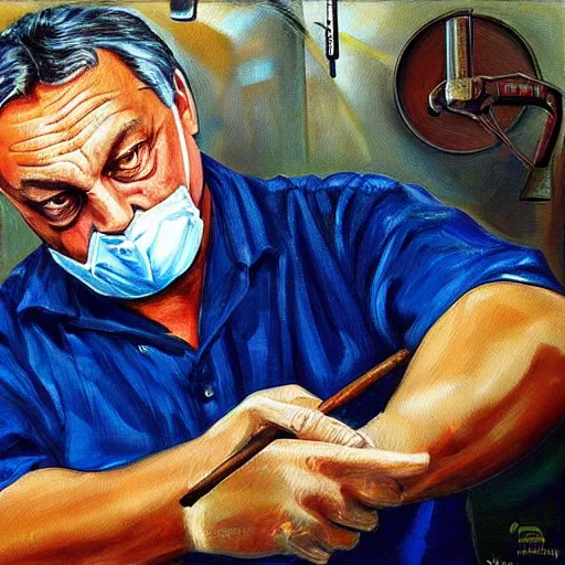 Image similar to viktor orban in a metal workshop, oil painting