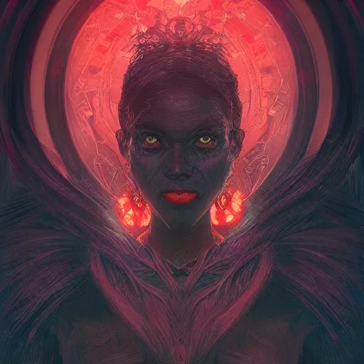 Image similar to Portrait of a dark witch, dark filaments, red glowing eyes, menacing, intimidating, frightening, intricate, headshot, highly detailed, digital painting, artstation, concept art, sharp focus, cinematic lighting, illustration, art by artgerm and greg rutkowski, alphonse mucha, cgsociety