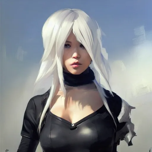 Image similar to greg manchess portrait painting of a 2 yorha type a no. 2 as overwatch character, white long hair, medium shot, asymmetrical, profile picture, organic painting, sunny day, matte painting, bold shapes, hard edges, street art, trending on artstation, by huang guangjian and gil elvgren and sachin teng