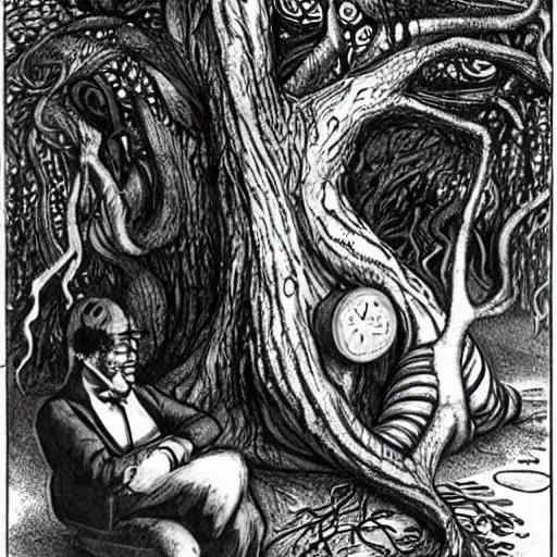 Image similar to so rested he by the tumtum tree and stood awhile in thought | by lewis carroll and hp lovecraft with doctor seuss and hr giger