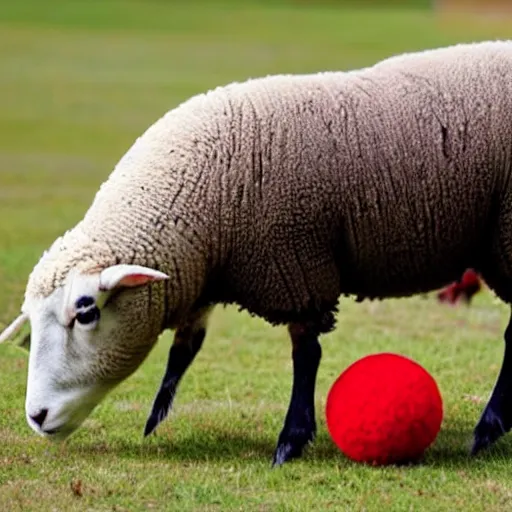 Prompt: sheep and seal playing together with a red ball