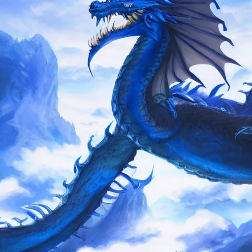 Image similar to huge blue dragon in flight by plutus su and chris scalf and lucas graciano and billy christian and alex konstad and mark zug, mountains, blue and white color palette, painting, d & d, fantasy, detailed, realistic, complimentary colors, light, artstation, cinematic, dramatic lighting, close up