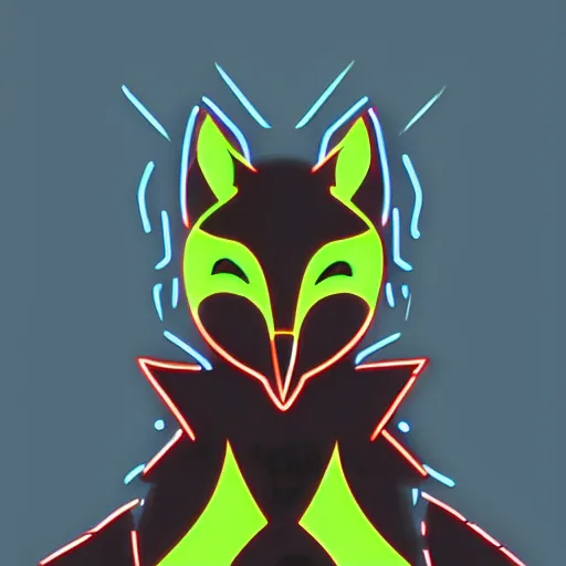 Image similar to a fox wearing a black hoodie with glowing neon stripes, in the style of anime