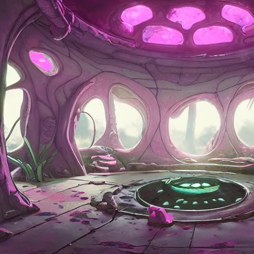 Image similar to concept art painting of a interior of a circular alien fantasy fungus house, realistic, detailed, cel shaded, magenta and gray, dark, in the style of makoto shinkai and greg rutkowski and james gurney