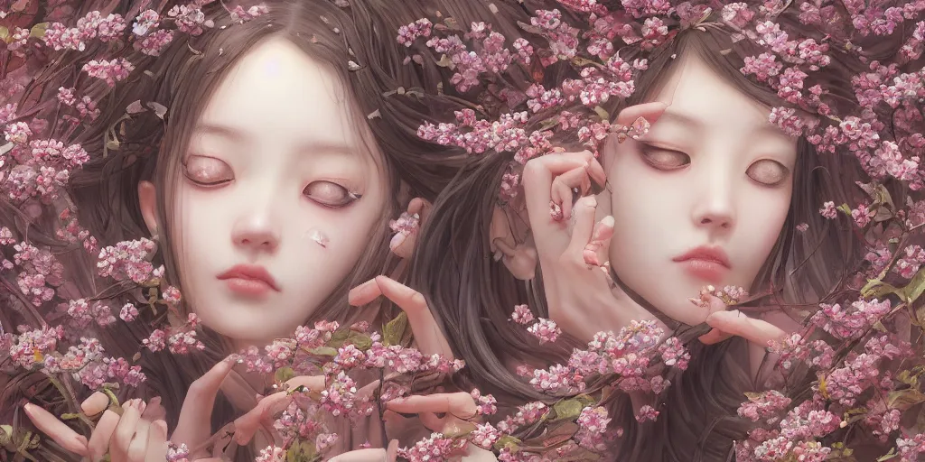 Image similar to breathtaking detailed concept art painting of the kissing goddesses of cherry blossom flowers, orthodox saint, with anxious, piercing eyes, ornate background, amalgamation of leaves and flowers, by Hsiao-Ron Cheng, James jean, Miho Hirano, Hayao Miyazaki, extremely moody lighting, 8K