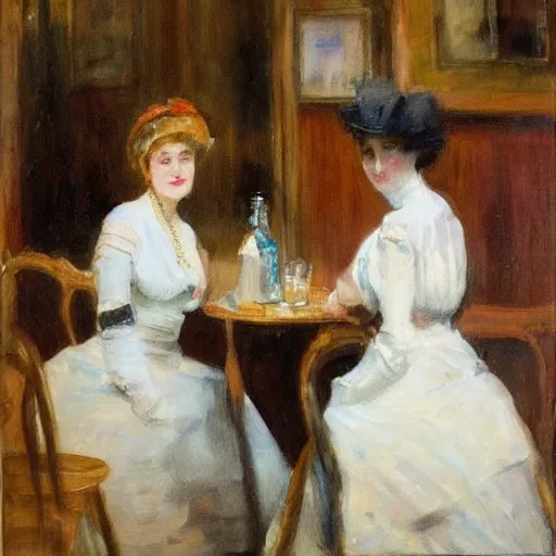 Image similar to two young edwardian women in a cafe in paris, in the style of anders zorn