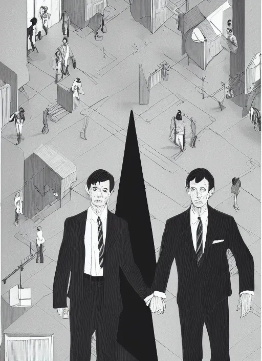 Prompt: Twin Peaks artwork, portrait of Mads Mikkelsen and Hugh Dancy holding hands romantically as they chaperone school dance, from scene from Twin Peaks by Michael Whelan, Bob Larkin and Tomer Hanuka, simple illustration, domestic, nostalgic, clean, full of details, by Makoto Shinkai and thomas kinkade, Matte painting, trending on artstation and unreal engine, New Yorker magazine cover