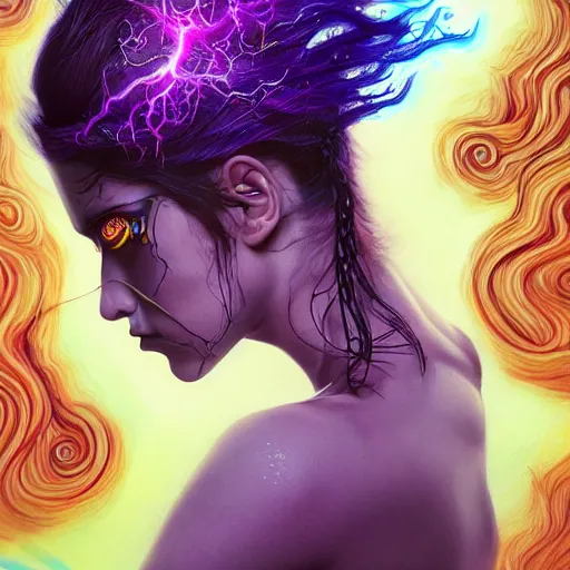 Image similar to detailed photo portrait of a furious teen girl with thin, hair-like purple tentacles on her head and bright purple eyes, 8k,by tristan eaton, Stanley Artgermm,Tom Bagshaw,Greg Rutkowski,Carne Griffiths,trending on DeviantArt, face enhance,hyper detailed ,full of colour, dramatic lightning