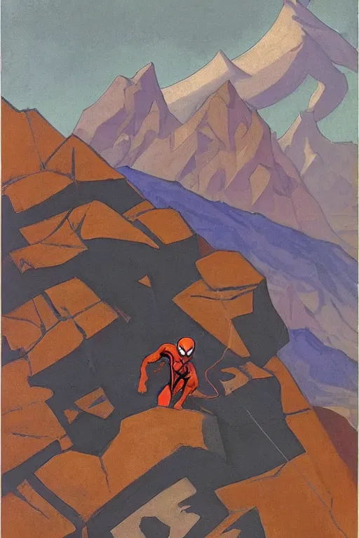 Image similar to spiderman stay on mountain, marvel, artwork by nicholas roerich,