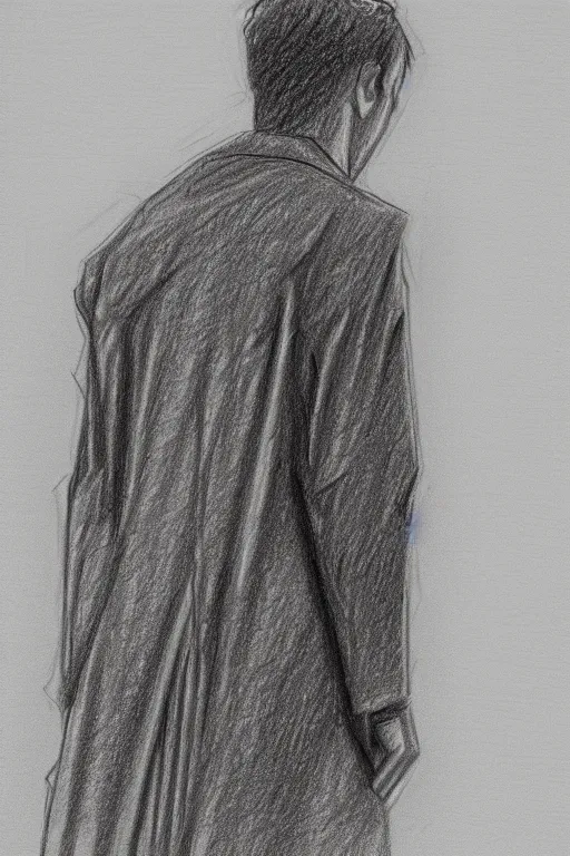 Image similar to a drawn man standing in the rain in a jacket. pencil sketch.