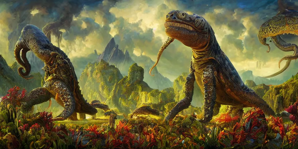 Image similar to fantasy oil painting, great leviathan, cybernetic turtle cephalopod terrapin reptilian pachyderm squid, bella hadid, hybrid, milla jovovich, anubis, epic natural light, lush plants flowers, spectacular mountains, bright clouds, luminous sky, outer worlds, golden hour, michael cheval, edward hopper, michael whelan, vray, hd