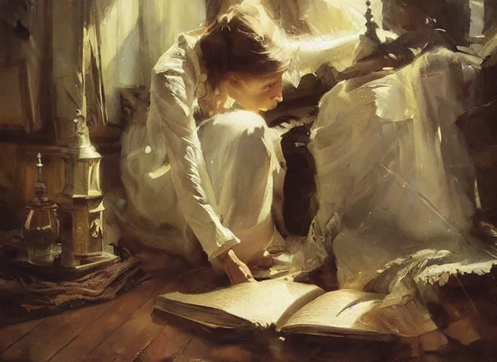 Image similar to oil painting of mysterious book, art by anders zorn, wonderful masterpiece by greg rutkowski, beautiful cinematic light, american romanticism by greg manchess, creation by tyler edlin