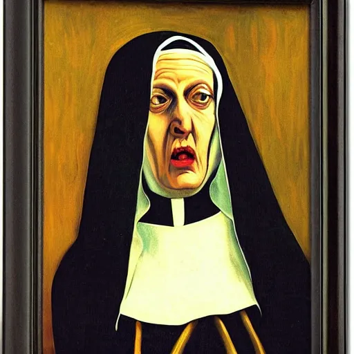 Prompt: portrait of a scary nun by Giorgio de Chirico