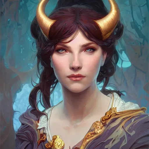 Image similar to portrait of a thiefling, D&D, fantasy, highly detailed, digital painting, artstation, smooth, sharp focus, illustration, art by artgerm and greg rutkowski and alphonse mucha