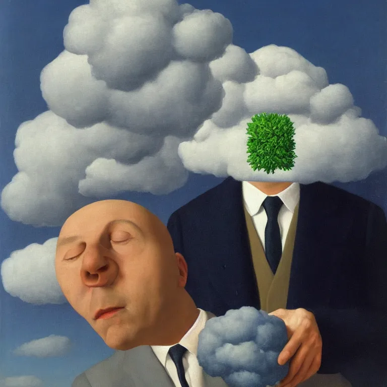 Prompt: portrait of a man whos head is hidden with a cloud, by rene magritte, detailed painting, hd, hq, high resolution, high detail, 4 k, 8 k