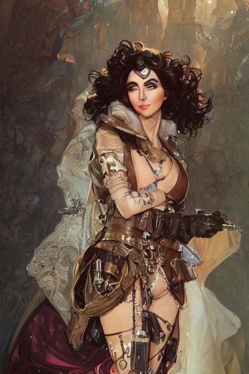 Prompt: evil elizabeth taylor steampunk half - cyborg cowgirl, pelt coats, high fantasy, dnd, smooth, sharp focus, illustration, highly detailed, digital painting, artstation, concept art, by rossdraws, alphonse mucha, frank fanzzeta, collectible card art