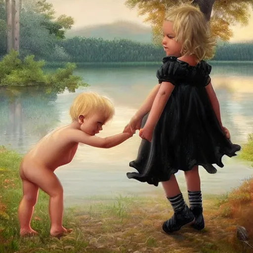 Image similar to a blond white toddler and a black toddler with short curly hair play by a forest and lake, [ oil painting ]!!, trending on cgsociety, 4 k