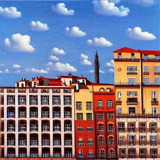 Image similar to Porto skyline, painting by rene magritte, high detail, high resolution