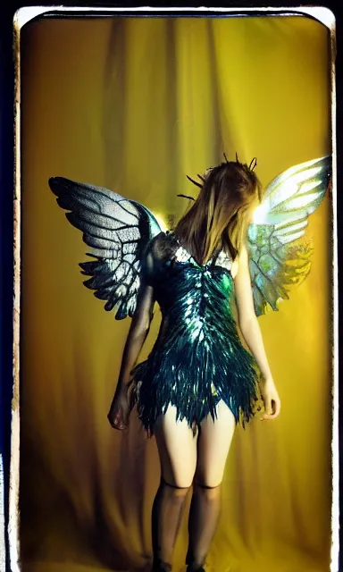 Image similar to crystal wings, waporwave polaroid, a greg rutkowsi photograph, devianart photoshoot, metal acid deep colors, fallen angel of death, love broken