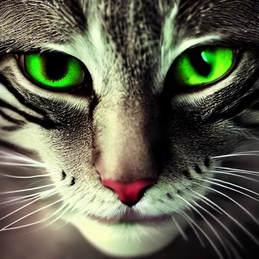 Prompt: beautiful fantasy portrait of a devil cat with green eyes, high detail, fantasy art, concept art, 4 k, ultra detail, computer art