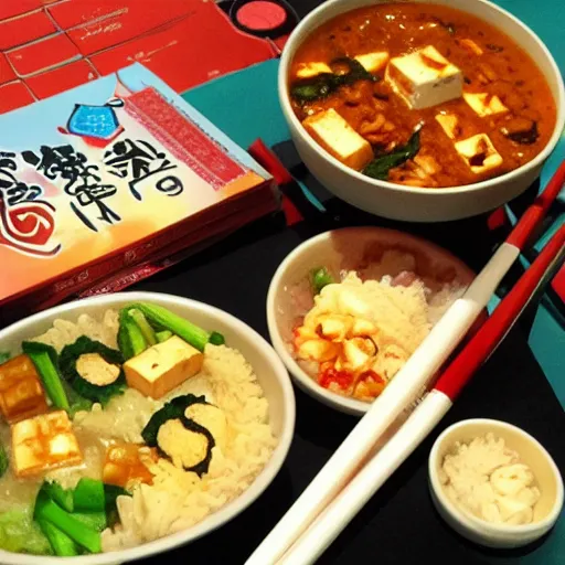 Prompt: mapo tofu cartoon, anime food, studio ghibli food!!!!!