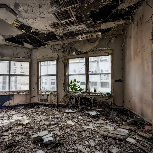 Image similar to a photo of an abandoned, dilapidated office of the company techcrunch, 4 k, high resolution, canon dslr
