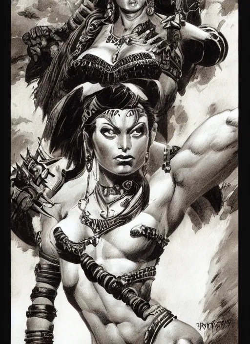 Image similar to a highly detailed symmetrical painting of a female amazon warrior with piercing beautiful eyes in dark tomb setting, dynamic lighting, ambient lighting, deviantart, art by frank frazetta and glenn fabry