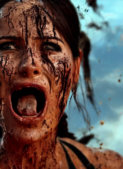 Image similar to a film still of lara croft screaming, her face muddy and sweat, direct sun light, close up potrait, cinematic,