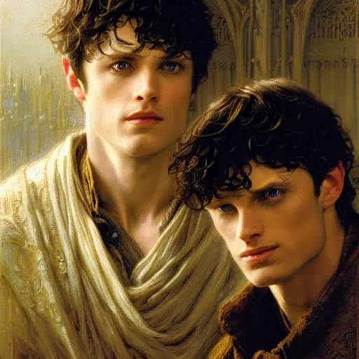 Image similar to arthur pendragon and merlin. close up of their faces. natural lighting. highly detailed painting by gaston bussiere, j. c. leyendecker, greg rutkowski 8 k