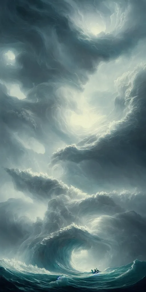 Prompt: Highly Detailed exterior of Stormy High Seas, Hurricane, Torrid Lighting, stunning atmosphere, in Style of Peter Mohrbacher, cinematic lighting