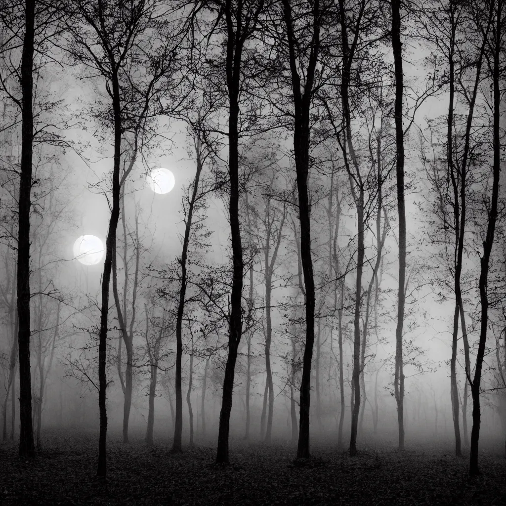 Prompt: Eerie forest at night, shadows, red moon in background