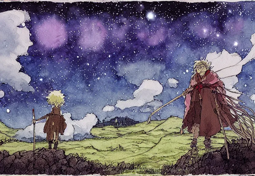 Image similar to a simple watercolor studio ghibli movie still fantasy concept art of a giant shaman from howl's moving castle ( 2 0 0 4 ) on the moors of ireland. it is a misty starry night. by rebecca guay, michael kaluta, charles vess