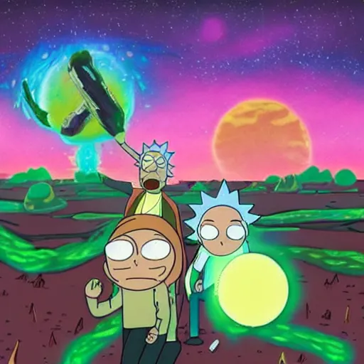 Image similar to rick and morty on a planet made of marshmallows