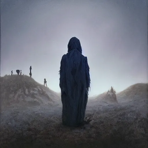 Image similar to A beautiful land art of a small figure standing in the center of a dark, foreboding landscape. The figure is surrounded by strange, monstrous creatures, and there is a feeling of unease and dread. pale indigo, indigo by Michal Lisowski