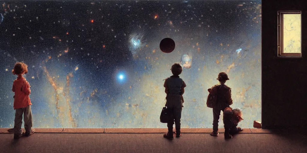 Image similar to a 5 year old boy and 1 2 year old girl looking at a wall and viewing the universe full of galaxies, imagination, part by norman rockwell, part by greg rutkowski, part by mattias adolfsson, high angle, ( ( ( ( volumetric lighting ) ) ) ), oil on canvas