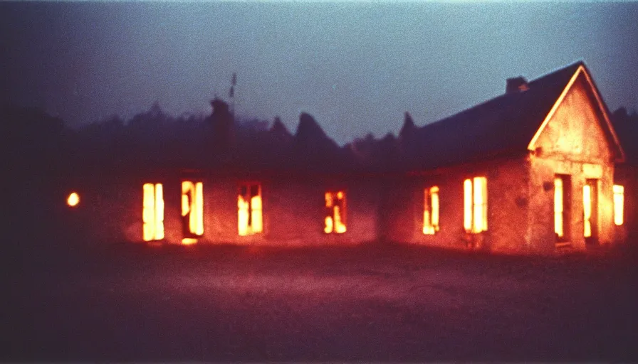 Prompt: 1 9 7 0 s movie still by andrei tarkovsky of a heavy burning french style little house in a small northern french village by night in autumn, cinestill 8 0 0 t 3 5 mm, heavy grain, high quality, high detail, dramatic light, anamorphic, flares