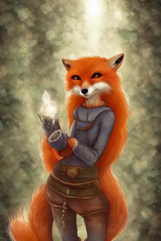 Image similar to a pretty medieval anthropomorphic fox with a fluffy tail in the forest, comic art, trending on furaffinity, cartoon, kawaii, backlighting, furry art!!!, radiant light, bokeh, trending on artstation, digital art