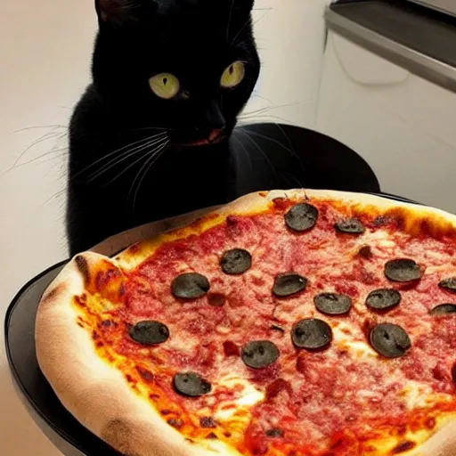 Image similar to “a black cat putting pizza in a pizza oven”