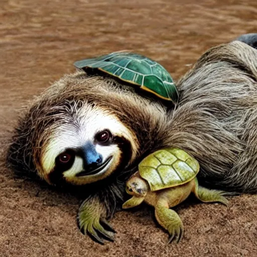 Prompt: a sloth hugging his turtle friend