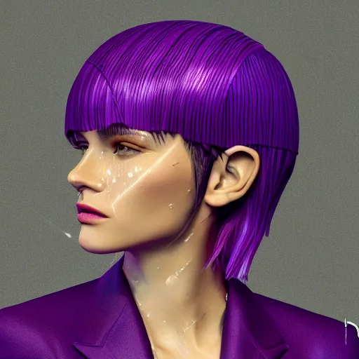 Image similar to stylish woman cartoon portrait made out of rain, pinstripe suit, short purple hair, galactic background, rendered in octane, unreal engine, highly detailed, trending on artstation, realistic, neon, beautiful