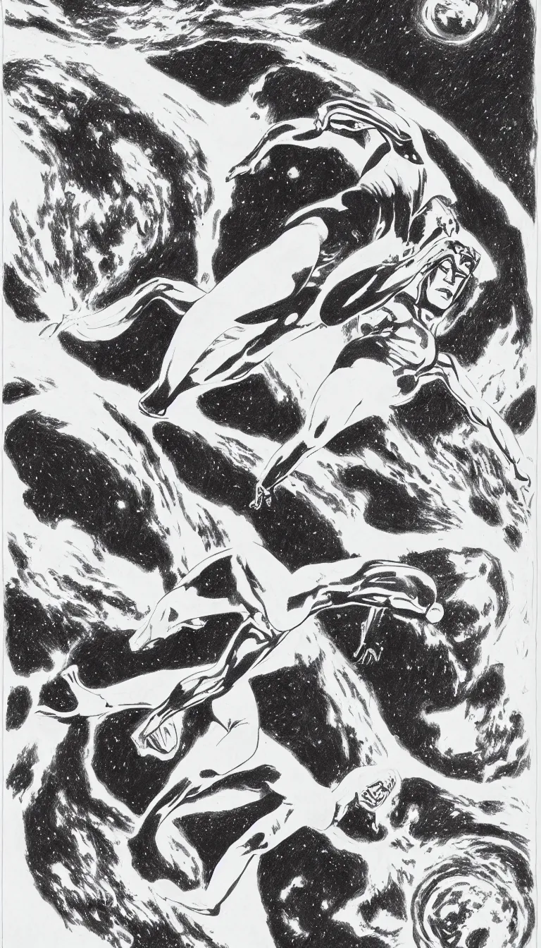 Image similar to silver surfer in space hovering above earth, by steve ditko, black and white, pencil drawing,