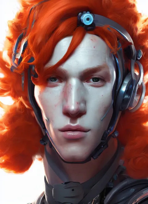 Image similar to cyberpunk portrait of curly orange hair man from overwatch 2, au naturel, hyper detailed, digital art, trending in artstation, cinematic lighting, studio quality, smooth render, unreal engine 5 rendered, octane rendered, art style by klimt and nixeu and ian sprigger and wlop and krenz cushart.