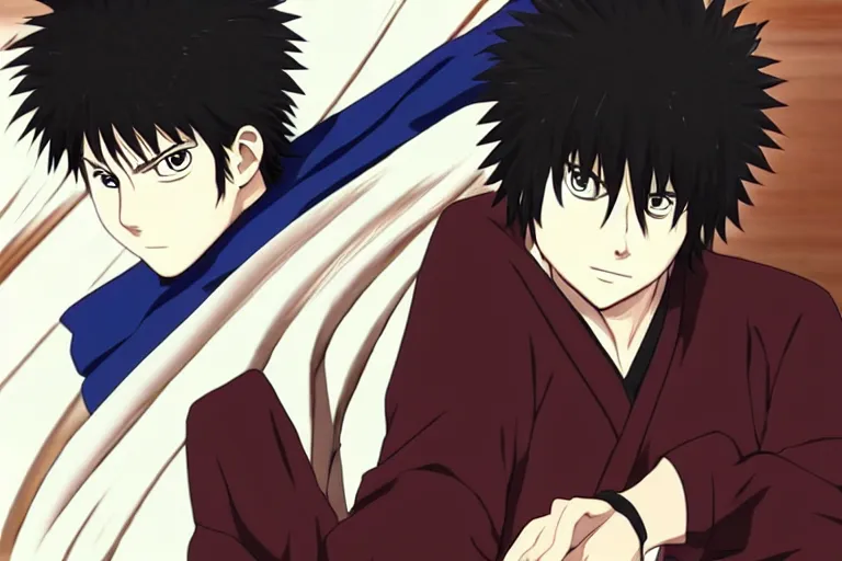 Prompt: A handsome man，Black short hair like a hedgehog, blue pupil, Hijikata Toushirou of Gintama,Kyoto Animation