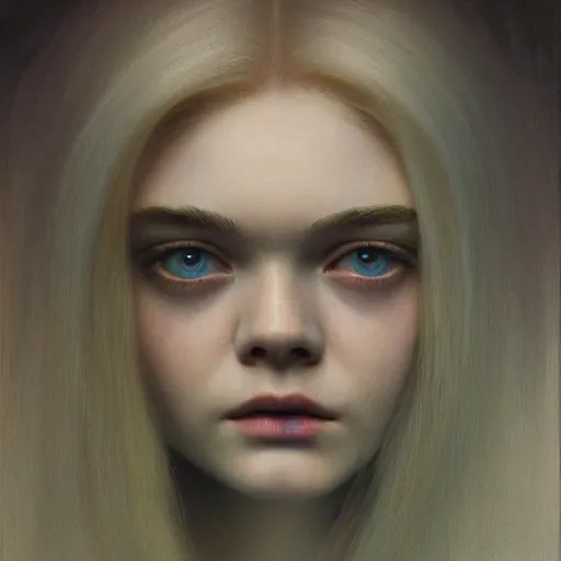 Prompt: professional painting of Elle Fanning in the style of Beksinski, head and shoulders portrait, symmetrical facial features, smooth, sharp focus, illustration, intricate, stormy weather, extremely detailed masterpiece,