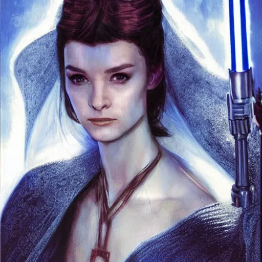 Prompt: head and shoulders portrait of a female knight, star wars, jedi, robes, blue lightsaber, young audrey hepburn, by luis royo, vogue fashion photo