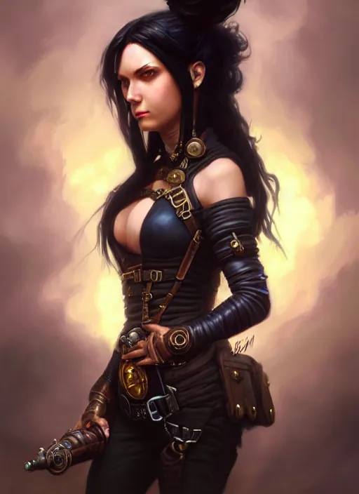 Image similar to a _ fantasy _ style _ portrait _ painting _ of steampunk woman, ponytail black hair, round face, rpg dnd oil _ painting _ unreal _ 5 _ daz. _ rpg _ portrait _ extremely _ detailed _ artgerm _ greg _ rutkowski _ greg